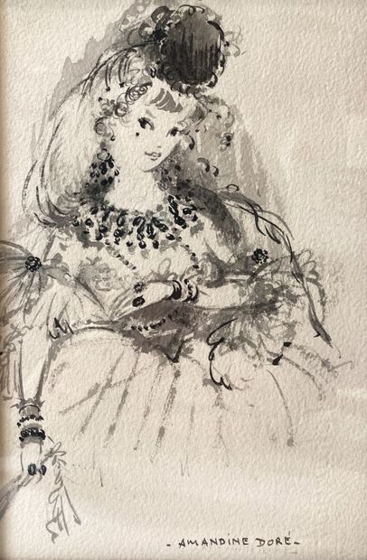 null Amandine DORE (1912-2011)
Portrait de jeune fille parée de bijoux et éventail
Dessin...