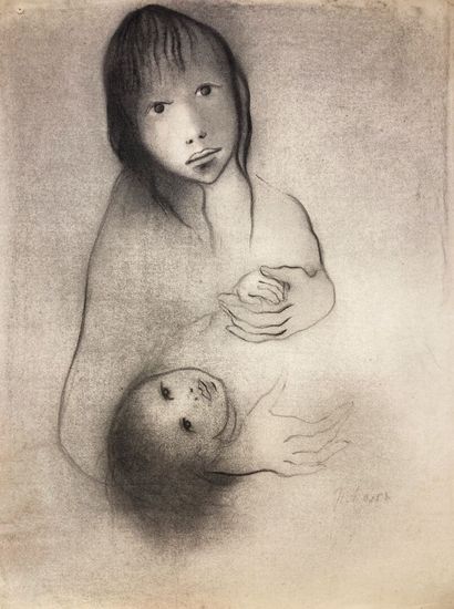 null Michelle MICHAUX (1927) 
Enfant jouant aux billes
Femme et enfant
Paire de fusains...