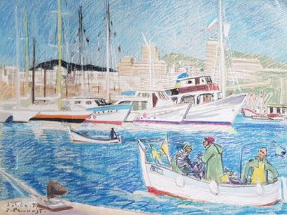 null Pierre PRUVOST (1921-2008)
Pêcheurs et yachts au port d'Antibes
Crayon gras...