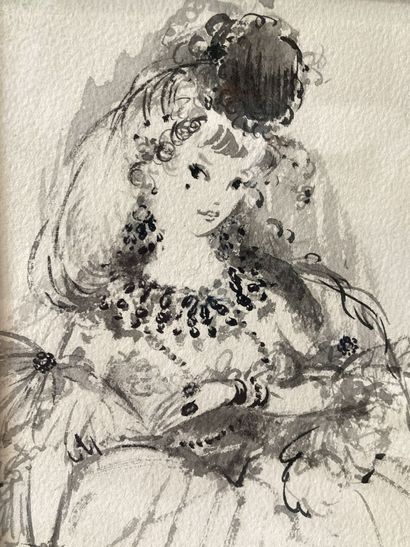 null Amandine DORE (1912-2011)
Portrait de jeune fille parée de bijoux et éventail
Dessin...