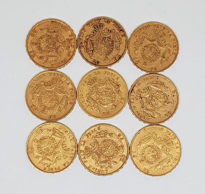 null 9 pièces de 20 francs or belge Léopold II (2 de 1870 ; 1 de 1867 ; 1 de 1869...