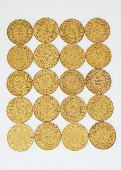 null 20 pièces de 20 francs or Napoléon III comprenant : 4 de 1854 A ; 5 de 1855...
