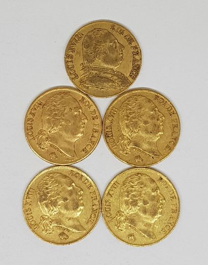 null 5 pièces de 20 francs or Louis XVIII (1 de 1818 Q fleur ; 1 de 1818 A coq ;...