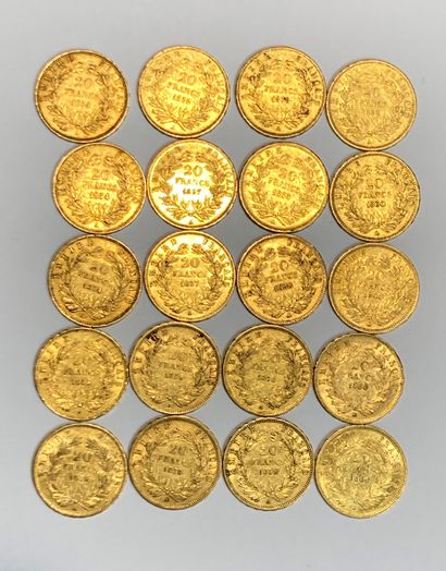 null 20 pièces de 20 francs or Napoléon III Empereur comprenant : 3 de 1860 A ; 6...