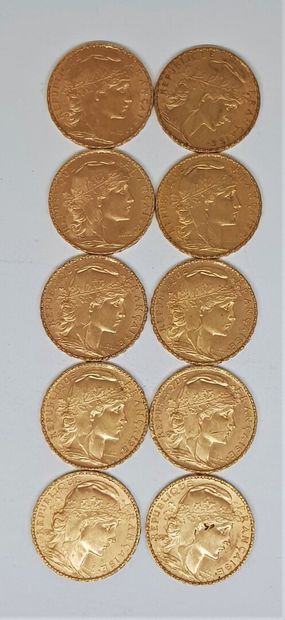 null 10 pièces de 20 francs or Marianne et coq : 2 de 1908 ; 2 de 1907 ; 2 de 1906...
