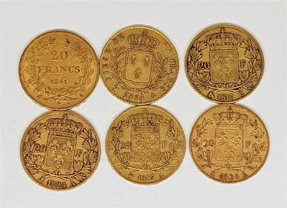 null 6 pièces de 20 francs or : Louis XVIII (1 de 1817 A coq ; 2 de 1824 A ancre...