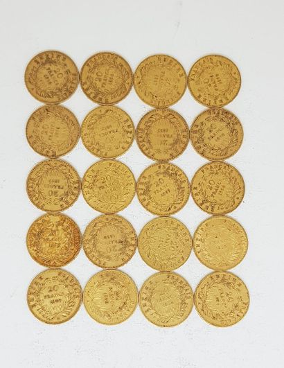 null 20 pièces de 20 francs or Napoléon III Empereur comprenant : 1 de 1860 BB ;...