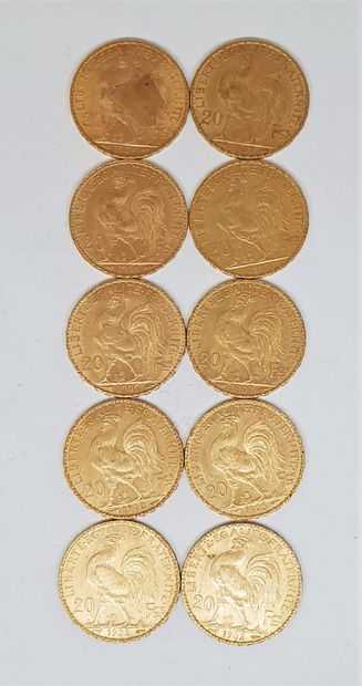 null 10 pièces de 20 francs or Marianne et coq (2 de 1908 ; 2 de 1907 ; 2 de 1906...