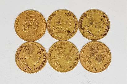 null 6 pièces de 20 francs or : Louis XVIII (1 de 1817 A coq ; 2 de 1824 A ancre...