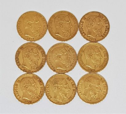 null 9 pièces de 20 francs or belge Léopold II (2 de 1870 ; 1 de 1867 ; 1 de 1869...