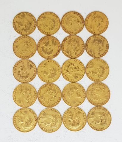 null 20 pièces de 20 francs or Napoléon III Empereur comprenant : 1 de 1858 A ; 5...