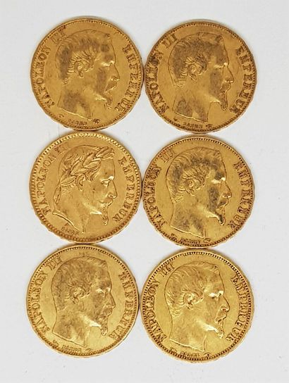 null 6 pièces de 20 francs or Napoléon III Empereur (2 de 1853 A ; 1 de 1854 A ;...