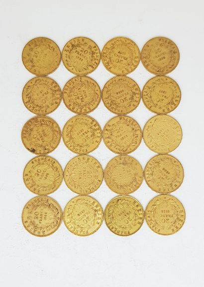 null 20 pièces de 20 francs or Napoléon III Empereur comprenant : 6 de 1858 A ; 3...
