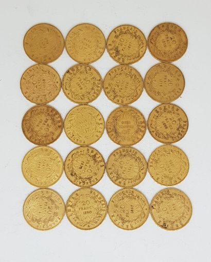 null 6 pièces de 20 francs or Napoléon III Empereur (2 de 1853 A ; 1 de 1854 A ;...