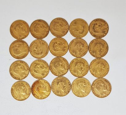 null 20 pièces de 20 francs or Napoléon III comprenant : 3 de 1859 A ; 4 de 1857...
