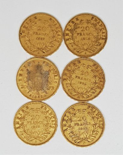 null 6 pièces de 20 francs or Napoléon III Empereur : 2 de 1853 A ; 1 de 1854 A ;...