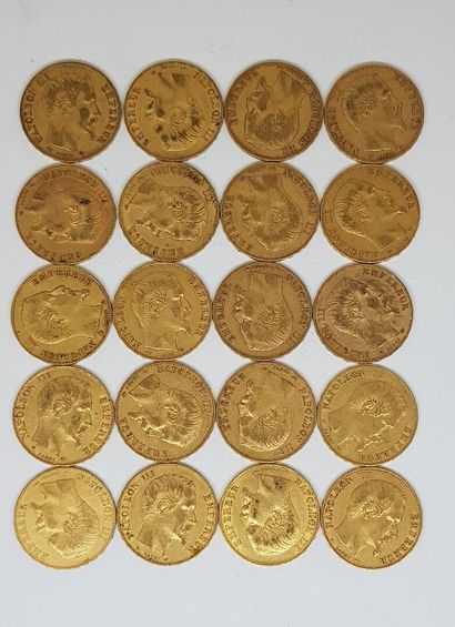 null 20 pièces de 20 francs or Napoléon III comprenant : 4 de 1854 A ; 5 de 1855...