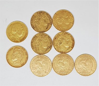null 9 pièces de 20 francs or comprenant : Louis XVIII (1 de 1818 A coq et tête de...