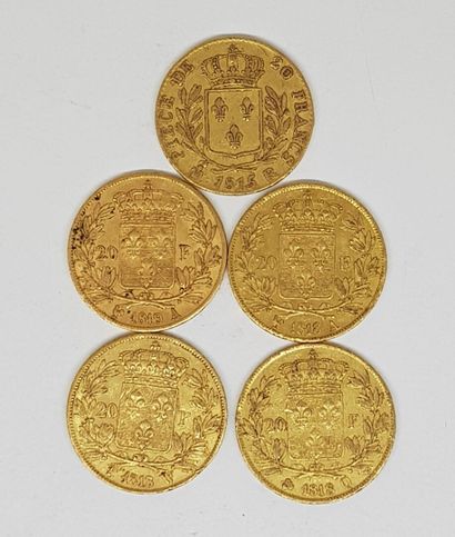 null 5 pièces de 20 francs or Louis XVIII (1 de 1818 Q fleur ; 1 de 1818 A coq ;...