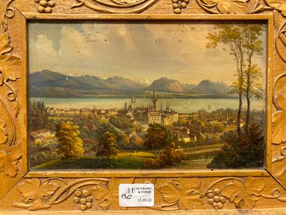 null Petit lutrin en bois sculpté à décor peint d'une vue d un lac en Suisse