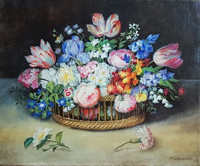 null P. Cobbé. Delfosse
Cut flowers in a wicker basket
Oil on canvas signed lower...