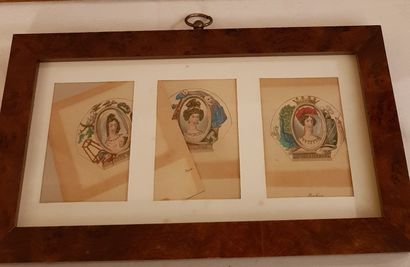 null Lot of four framed pieces of prints: 
- two pages Heur et Malheur de la crinoline...
