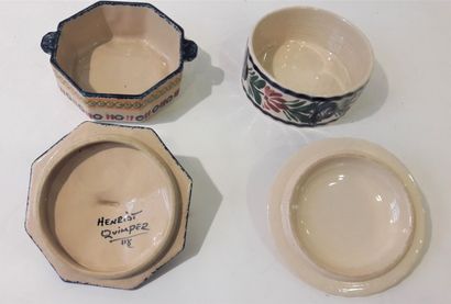 null QUIMPER
Polychrome earthenware :
Lot of 2 boxes, 7 cups, 3 bowls, 3 egg cups,...