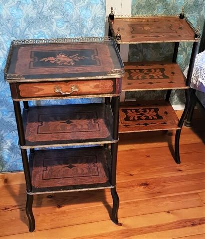 null Two living room tables in stained wood and inlaid with flowers or musical instruments....