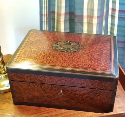 null Wooden box with burr wood and blackened and inlaid with brass, red silk upholstery...