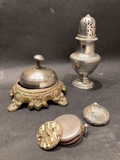 null Lot including:
A pewter sprinkler
A table bell
Two silver plated pocket wat...