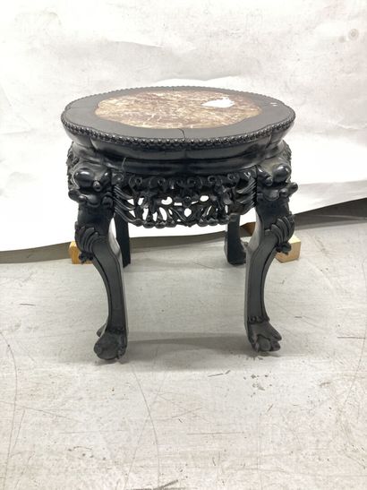 null Blackened wood saddle with four legs, marble top