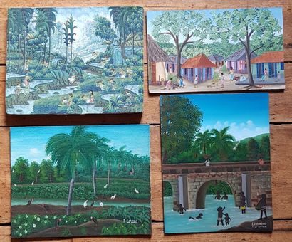 null Ecole Naive 
Quatre vues de paysages animés Haiti et Bali
Huiles sur isorel
on...