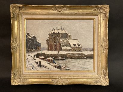 null Roger BOUVIER (1942) 
Neige sur le vieux bassin d'Honfleur
Huile sur toile signée...