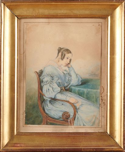 null Ecole française du milieu du XIXème siècle
Jeune fille accoudée à la robe bleue,...