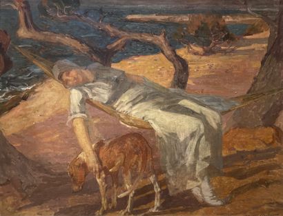 null Yves Edgar MULLER (1876 - 1956)
Femme au chien dans un hamac
Huile sur toile,...