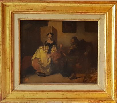 null SALE at 11am 
French school end of XIXth century
Couple and child in an interior
Oil...