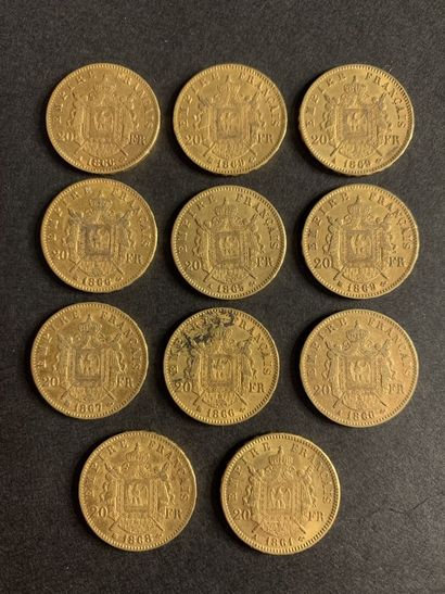 null SALE at 11 am 
11 coins of 20 francs gold Napoleon III Emperor including: 1...