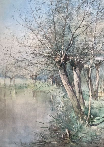 null Victor UYTTERSCHAUT (1847-1917)
Arbres au bord de l'étang 
Aquarelle et crayon...