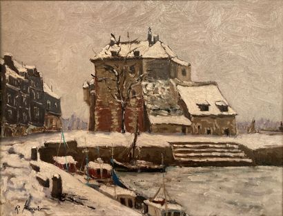 null Roger BOUVIER (1942) 
Neige sur le vieux bassin d'Honfleur
Huile sur toile signée...