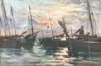 null Alexandre MARCETTE (1853-1929)
Pêcheurs sur voiliers
Pastel sur papier signé...