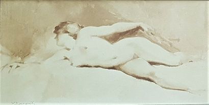 null W. ROSMAINSKY
Femme nue allongée sur un sofa
Lavis d'encre
18 x 36 cm