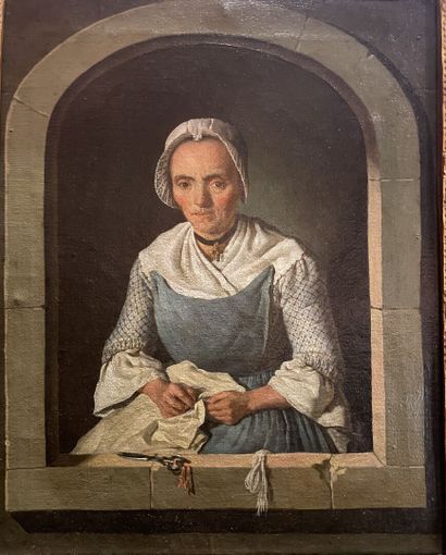 null Ecole hollandaise fin XVIIIème siècle
Femme cousant à la fenêtre
Huile sur toile
28...