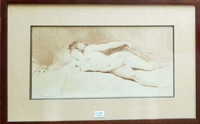 null W. ROSMAINSKY
Femme nue allongée sur un sofa
Lavis d'encre
18 x 36 cm