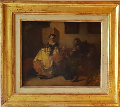 null SALE at 11am 
French school end of XIXth century
Couple and child in an interior
Oil...