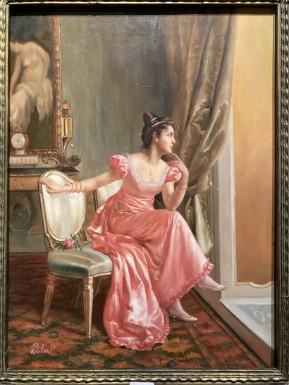 null ECOLE MODERNE
Jeune femme à la rose dans un décor classique
Peinture sur panneau...
