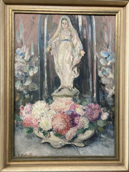 null Irène BATAILLE (1913-2012) 
Vierge aux fleurs
Huile sur carton signée en bas...