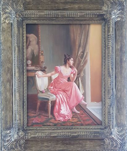 null ECOLE MODERNE
Jeune femme à la rose dans un décor classique
Peinture sur panneau...