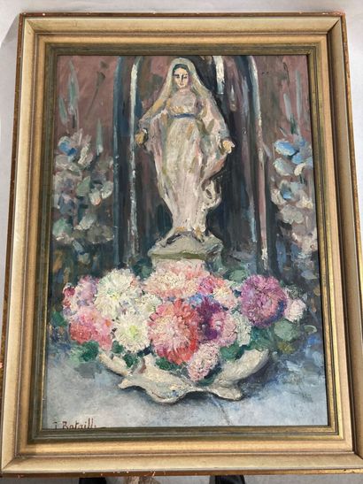 null Irène BATAILLE (1913-2012) 
Vierge aux fleurs
Huile sur carton signée en bas...