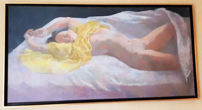 null Bernadette KELLY (1933)
Jeune femme allongée à l'habit jaune
Huile sur toile,...