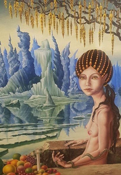 null Pierre LACOMBE (1931)
Jeune femme au serpent face à un paysage lacustre
Gouache...
